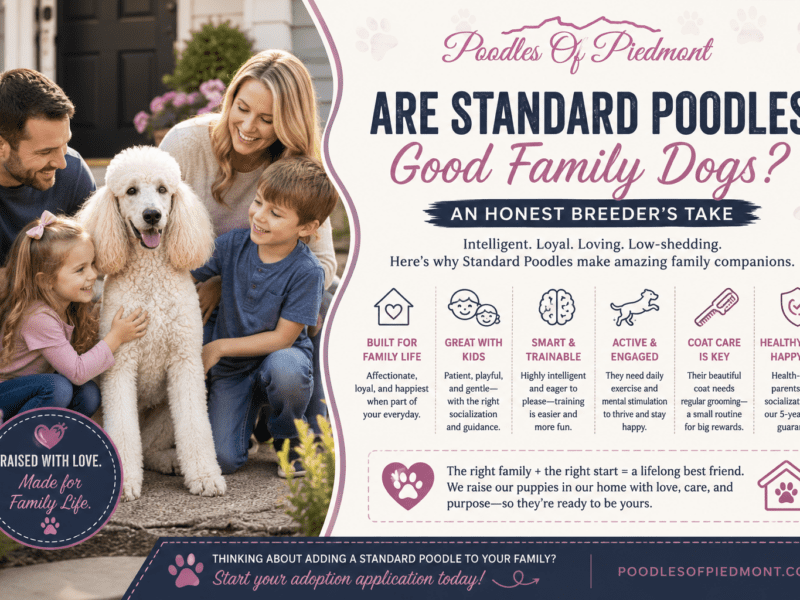 Standard Poodle relaxing with a family and children at home