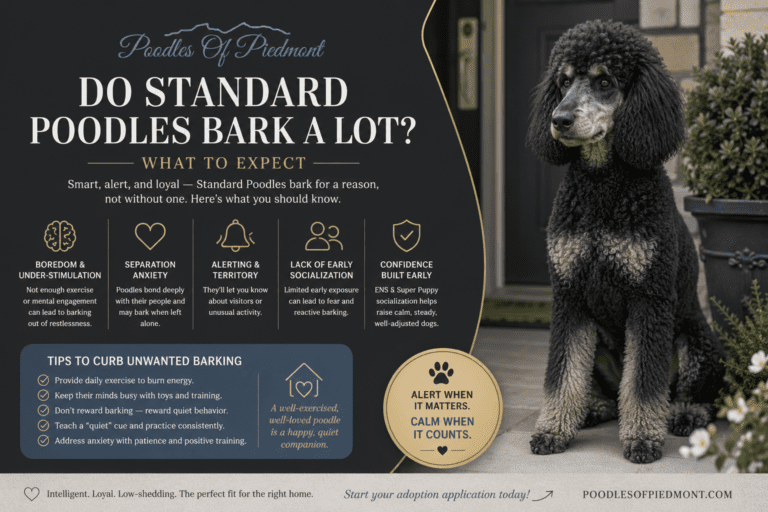 Standard Poodle sitting calmly and alert in a family living room