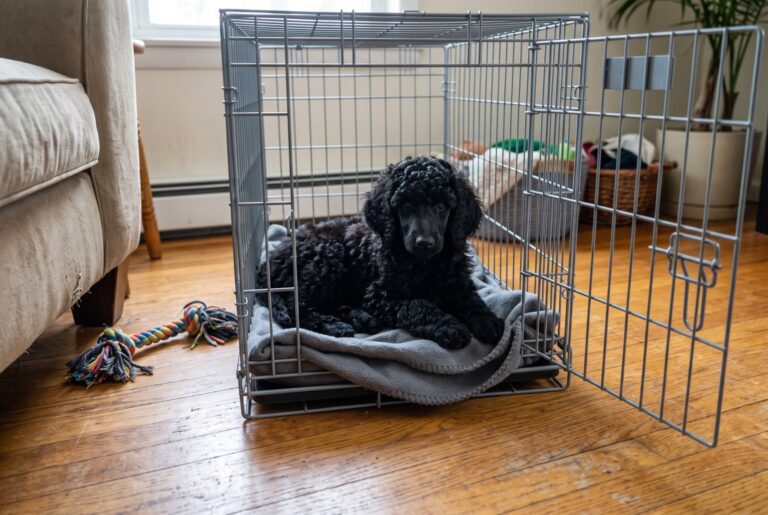 Standard Poodle puppy resting inside an open wire crate in a living room