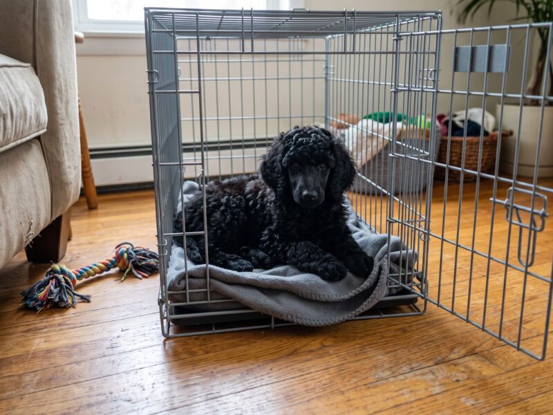 Standard Poodle puppy resting inside an open wire crate in a living room