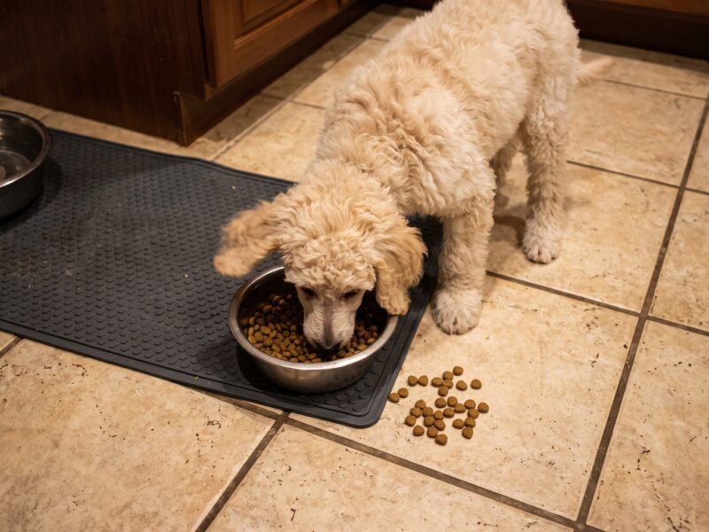 Cream Standard Poodle puppy eating kibble from a stainless steel bowl on a kitchen floor