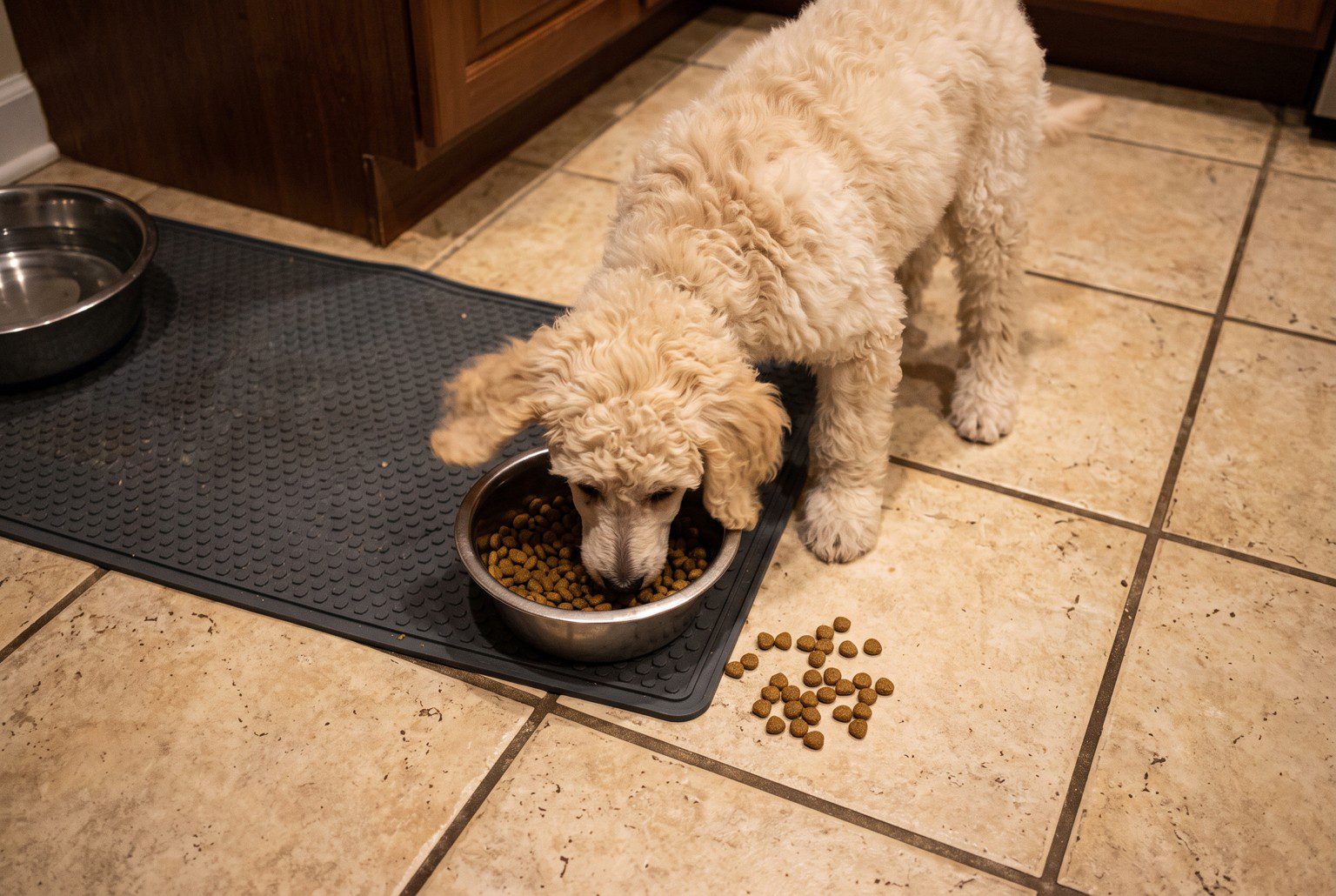 Cream Standard Poodle puppy eating kibble from a stainless steel bowl on a kitchen floor